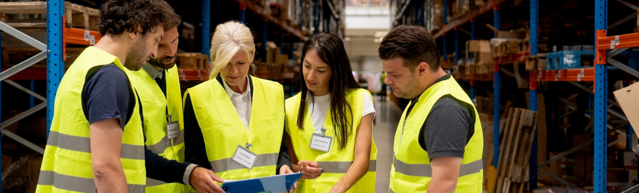 Group of people talking in a warehouse, wearing high vis jackets, discussing business documents